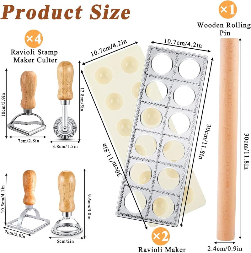 Lainballow 7 Pcs Ravioli Mold Set, Ravioli Maker Press with 1 Wood Rolling Pin, 4 Ravioli Cutter, 12 Holes Ravioli Stamp Pasta Making Kit for Ravioli Pasta Dumpling Meat Pie - Image 2